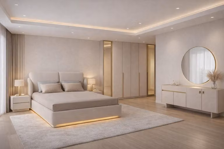 Set per camera da letto color beige: letto, armadio, consolle, mobili per camera da letto, 4 pezzi