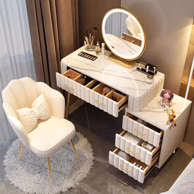 Set da trucco con specchio e sedia, 5 cassetti, legno massello, bianco, 80 cm