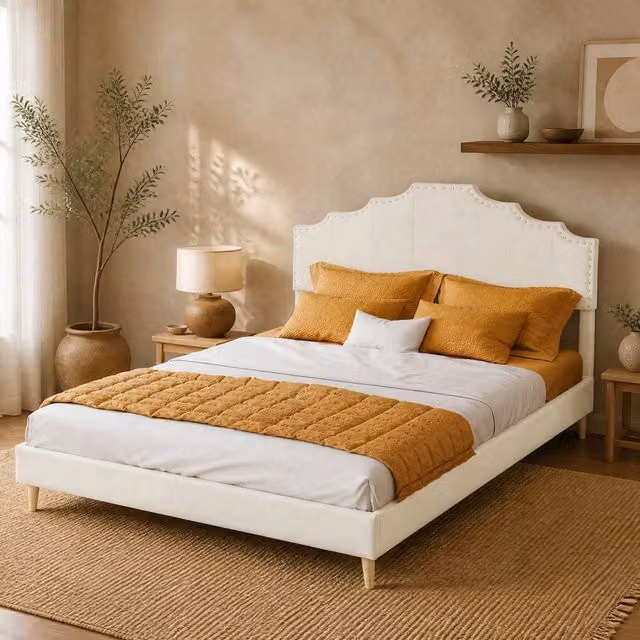 Letto imbottito 140x200 cm con testiera geometrica, beige, struttura in tessuto e metallo