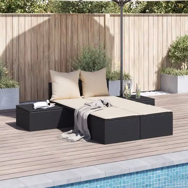 Lettino Prendisole Doppio con Cuscini Nero in Polyrattan 368389