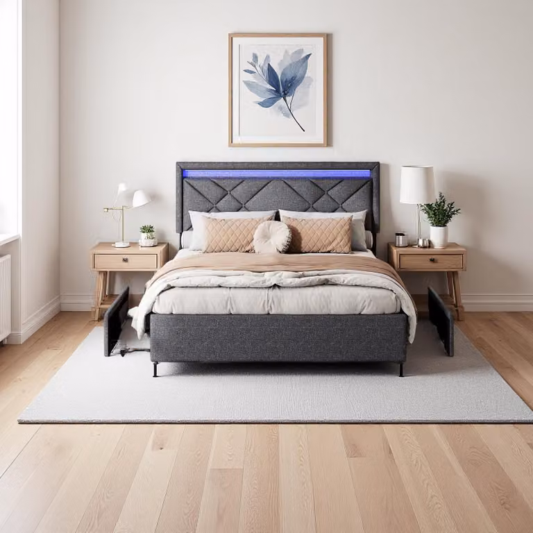 Letto matrimoniale 160x200 cm in lino grigio scuro con LED, USB e Type-C, testiera moderna e 4 cassetti in metallo per il contenimento