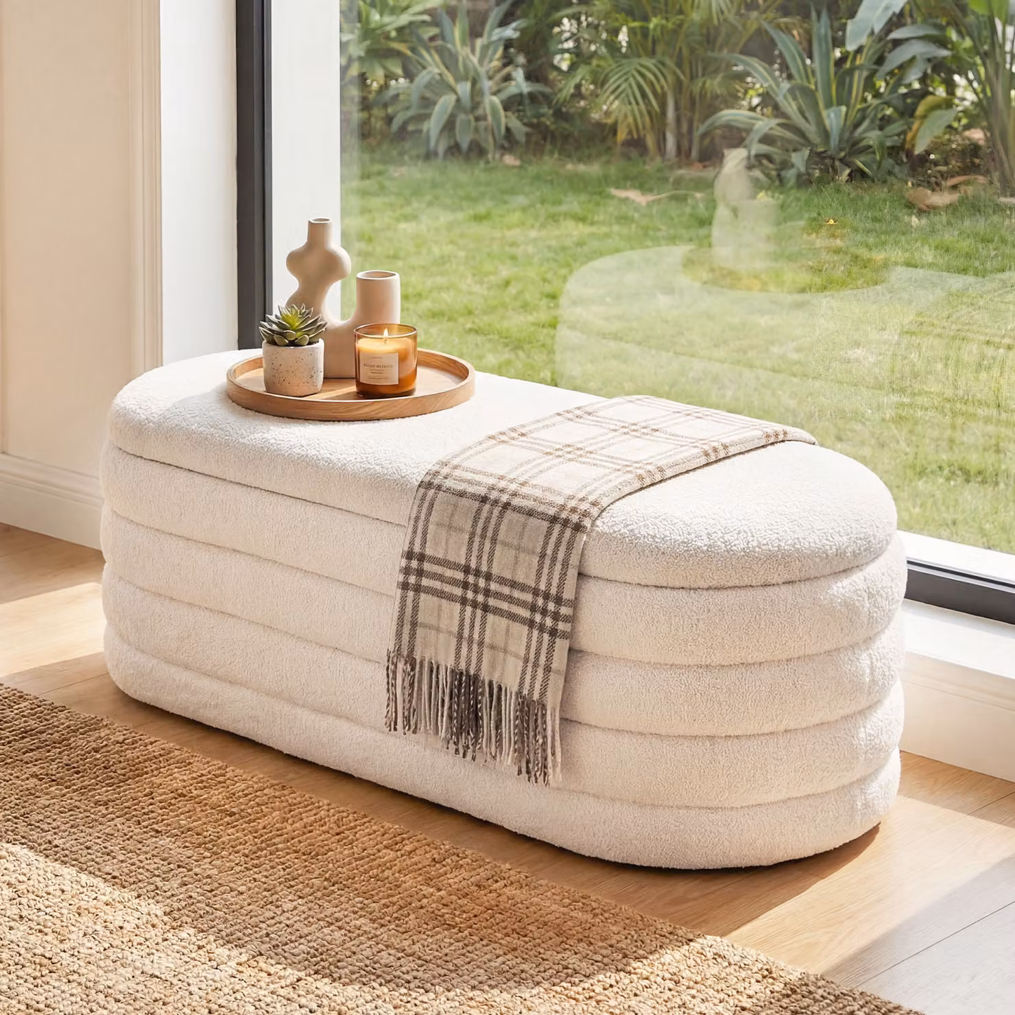 Panca contenitore imbottita in tessuto bouclé Costway con coperchio sollevabile e 2 molle a gas di sicurezza, sgabello portaoggetti bianco per soggiorno, ingresso o camera da letto