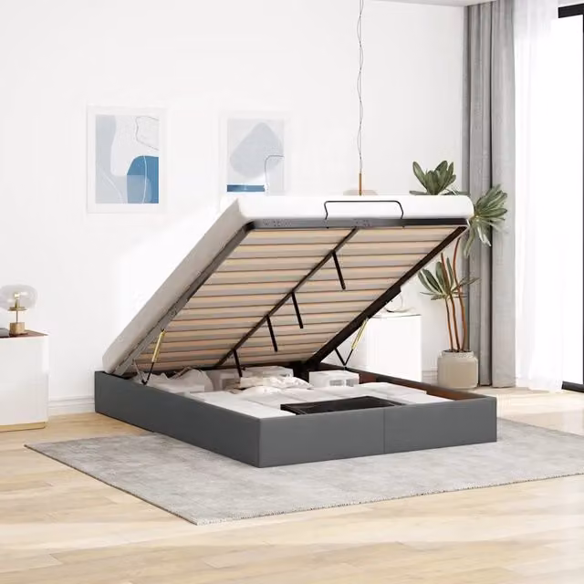 Struttura Letto con Contenitore a Alzata vidaXL in Tessuto Grigio L: 140 cm, P: 200 cm, H: 203 cm