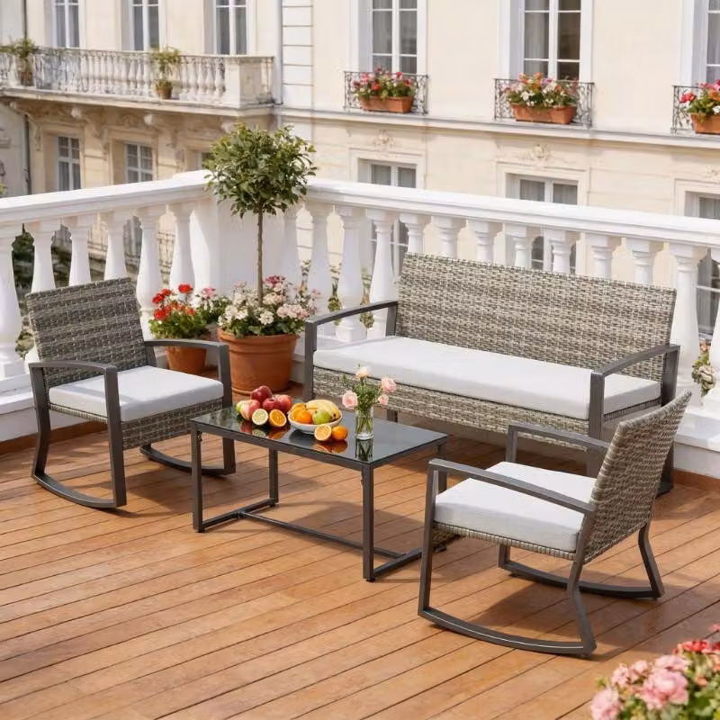 Set di mobili da giardino BEALIFE WR310, composto da 4 pezzi: un tavolo da giardino, 3 sedie in rattan di PE e un tavolino in vetro. Ideale per terrazza e balcone. Colore: nero/khaki