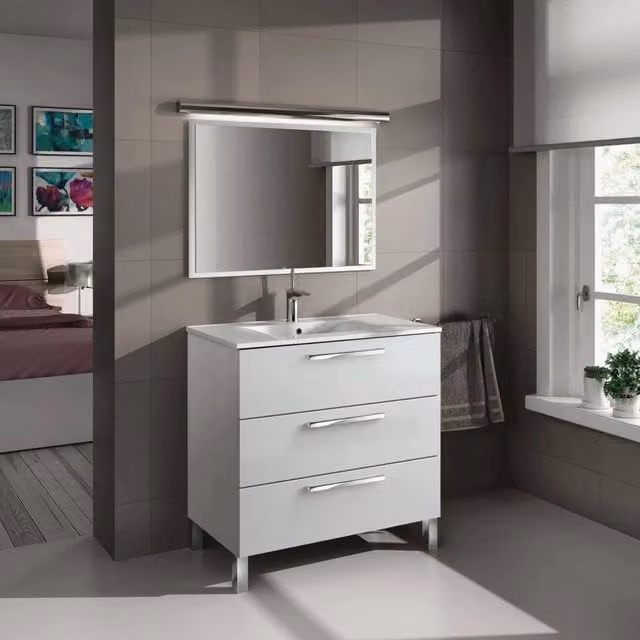 Mobile sottolavabo Elleboro, Mobiletto per bagno, Armadio a 3 cassetti e specchio, lavabo non incluso, cm 80x45h86, Bianco lucido