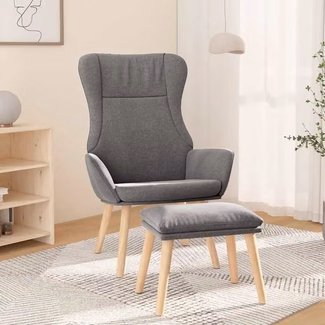 Poltrona Relax con Poggiapiedi Grigio Chiaro in Tessuto e Struttura in Metallo e Legno – 1