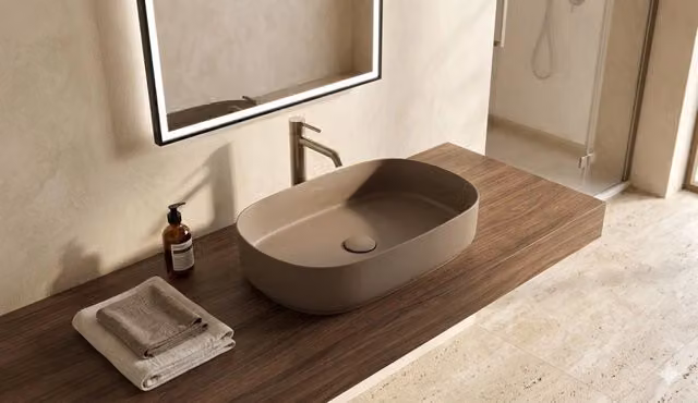 Lavabo ovale da appoggio senza troppo pieno in ceramica senza foro rubinetto - Tortora Opaco