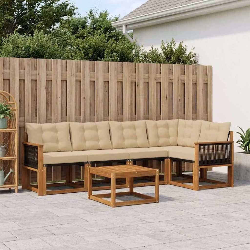 Set di divani da esterno vidaXL a forma di L composto da 6 pezzi in legno di acacia e tessuto textilene, colore marrone e beige, con cuscini inclusi e tavolino da caffè