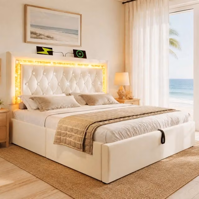 Letto matrimoniale contenitore 180 × 200 cm in velluto beige con LED testiera regolabile USB e USB-C