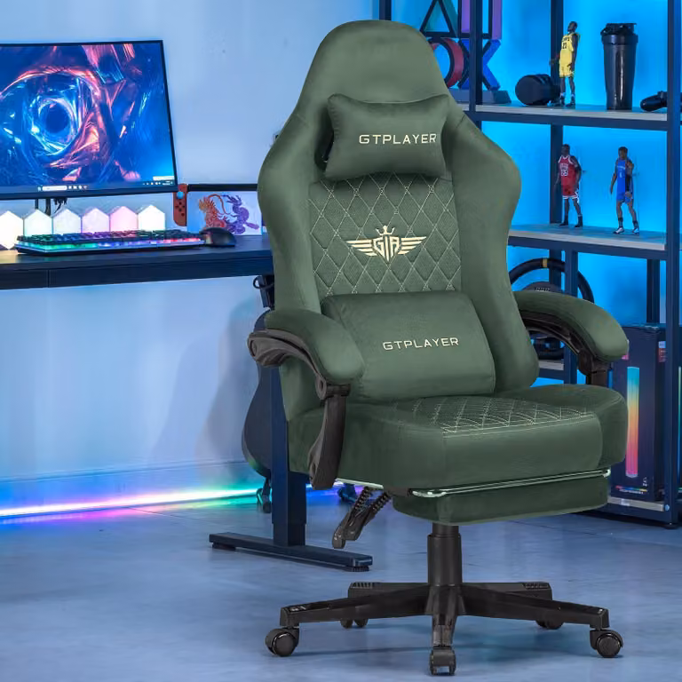 Sedia da gaming - Sedia da ufficio GT830 - Ergonomica - Regolabile in altezza - Girevole - Rivestita in tessuto - Con rotelle - Verde