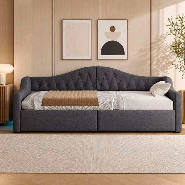 Letto da giorno imbottito 90x200 cm con LED; contenitore sotto il letto; grigio