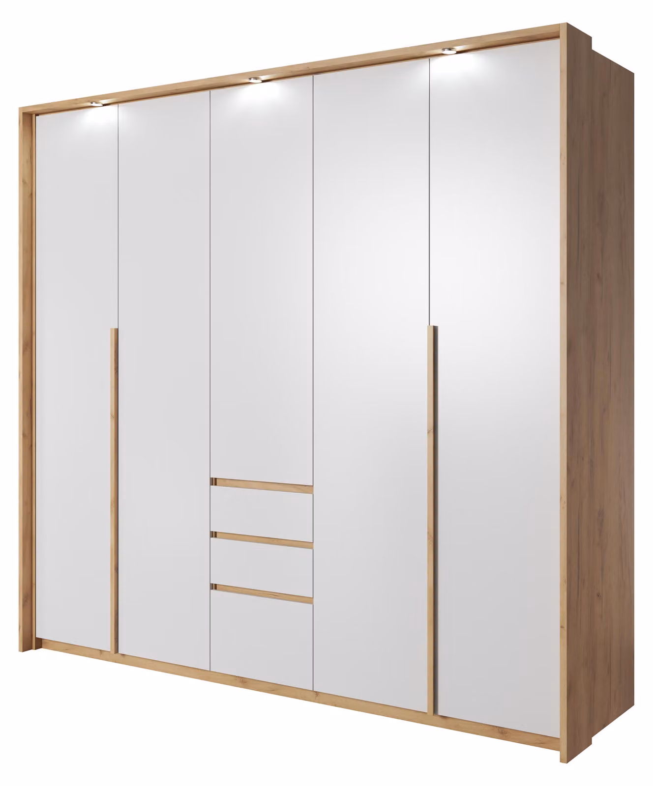 Armadio, bianco con finitura in legno noce dorato, dimensioni 229 x 4 x 215,5 x 65 cm