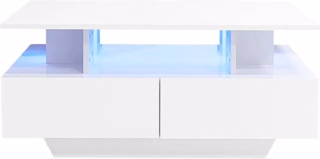 Tavolino moderno bianco lucido 90x55x41 cm con LED e 2 cassetti, portata fino a 30 kg