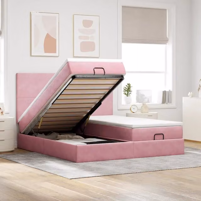 Letto con contenitore a sollevamento e pouf vidaXL in velluto rosa e bianco, dotato di luci sotto il letto e porte USB, L/P: 160 x 200 cm