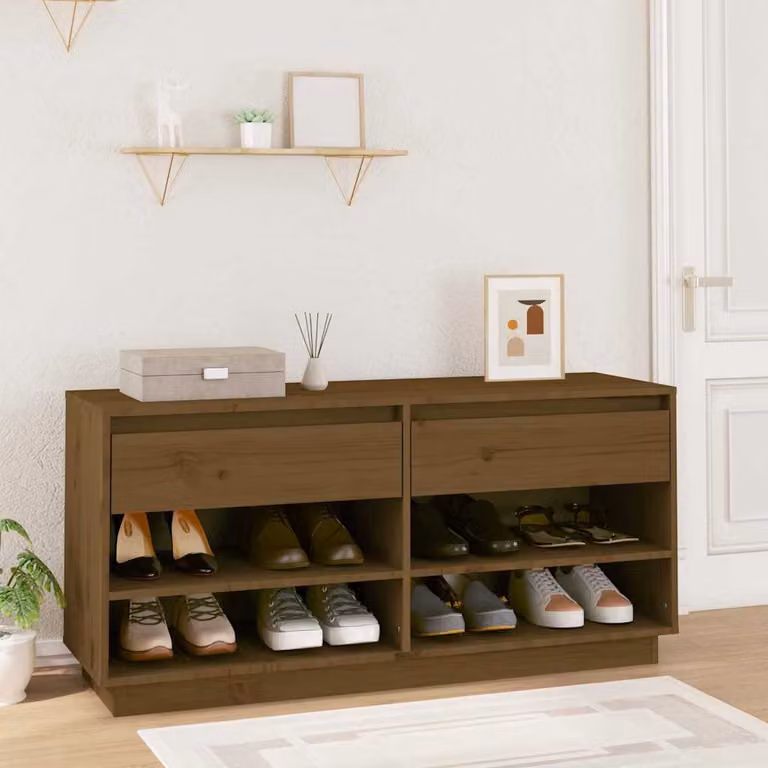 Scarpiera vidaXL in legno di pino massello stile rustico, colore marrone, L 110 x P 34 x H 52 cm