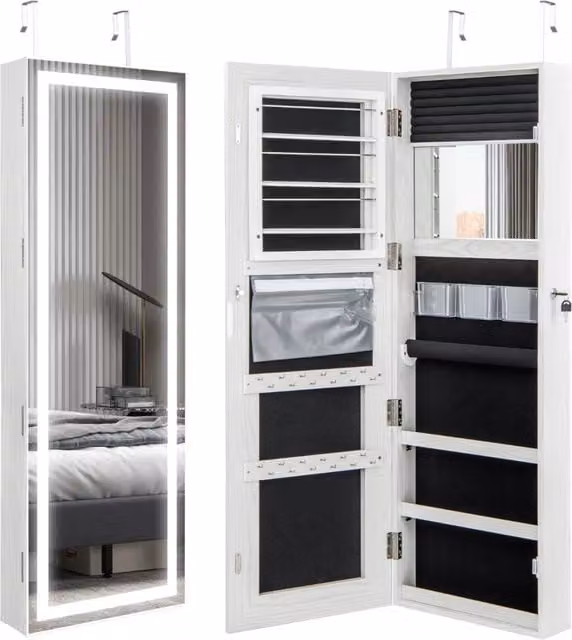 Armadietto portagioie con specchio a LED da 120cm, Appendibile alla porta o da parete con specchio interno Bianco-Armadietti per gioielli