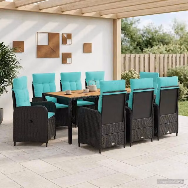 Set da pranzo per esterni vidaXL in polyrattan e legno con tavolo rettangolare e 9 pezzi color turchese