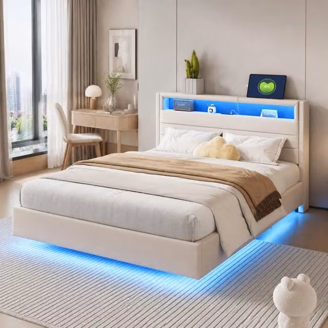 Letto matrimoniale imbottito 140x200 cm con USB e luci LED; testiera ribaltabile; beige