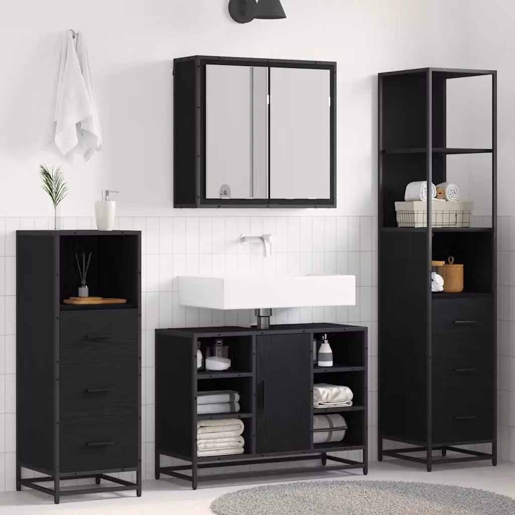 Set di mobili per il bagno vidaXL 3 pezzi in rovere e nero con armadietto a specchio, mobile lavabo e colonna alta L/P/H: 80 x 33 x 166 cm – 1