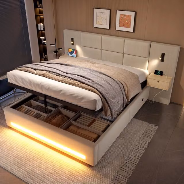 Letto imbottito 180x200 cm con testiera in velluto, cassetti contenitori, luci LED e prese USB-C, struttura metallica resistente 200 kg