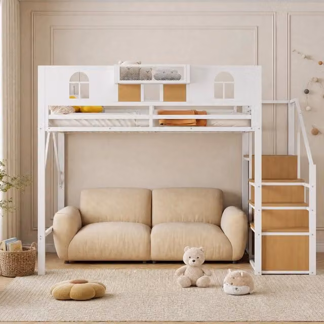 letto a soppalco 140x200 cm bianco – scala contenitore, senza materasso