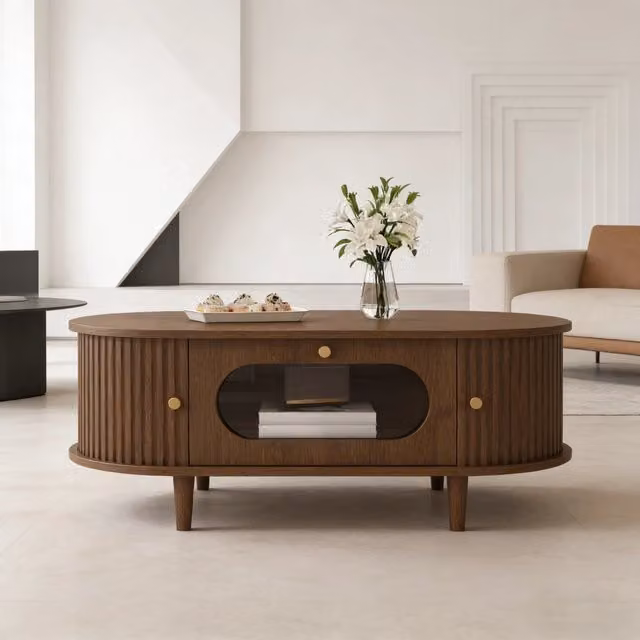 Tavolino basso fisso con cassetto; due ante scorrevoli e frontale in acrilico noce 100 × 50 × 36 cm