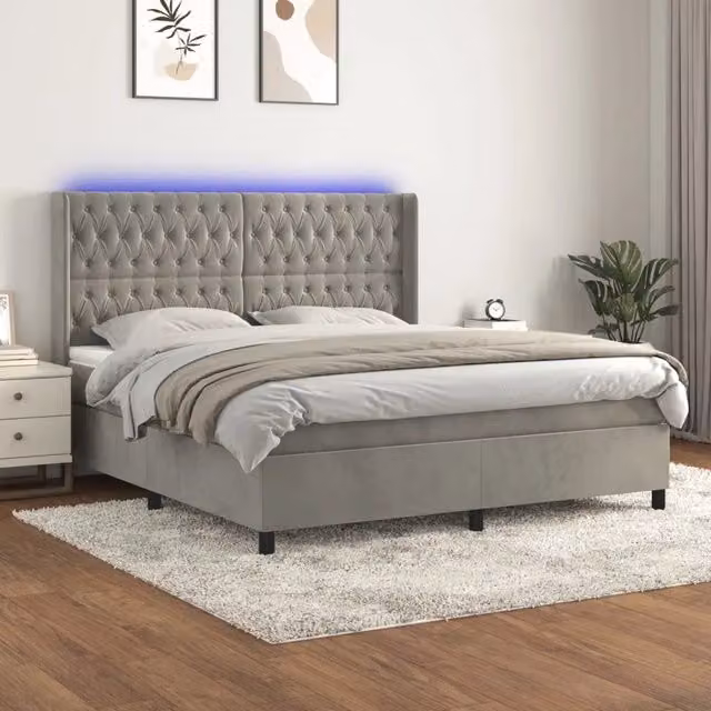 Letto matrimoniale moderno vidaXL in velluto grigio con illuminazione LED e porte USB, L/P/H: 180 x 200 x 128 cm – 1