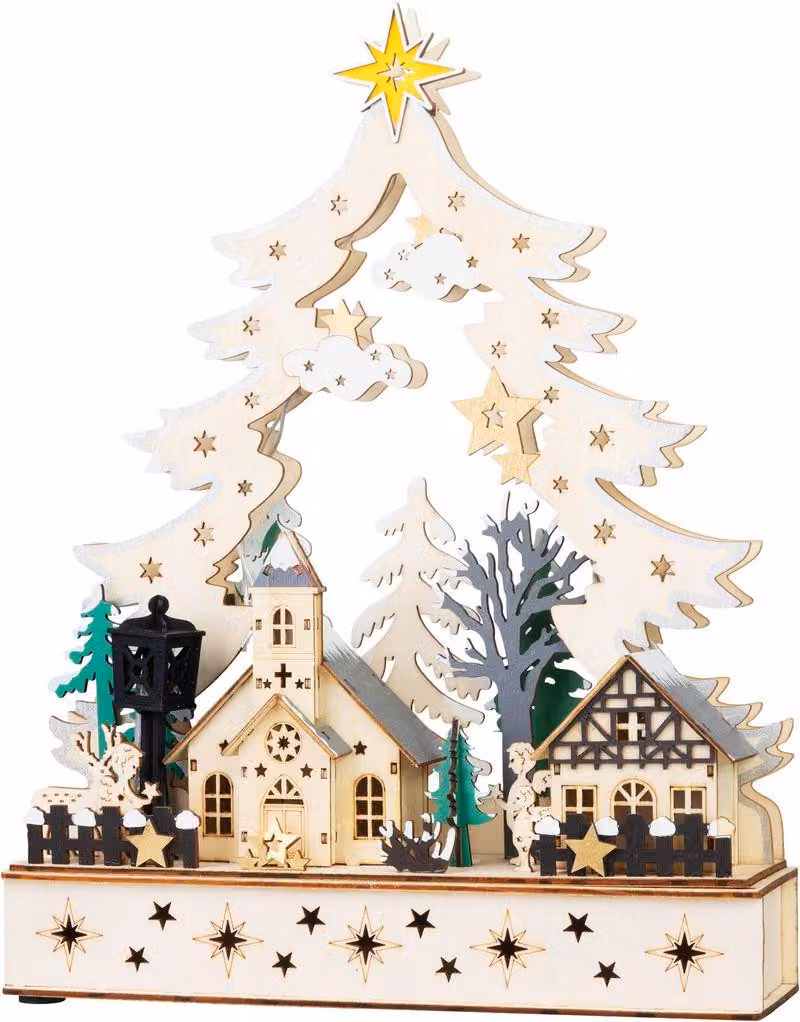 Decorazione di Natale MagicHome, villaggio, in legno, 12xLED bianco caldo, 25x7.5x32 cm, 2xAA