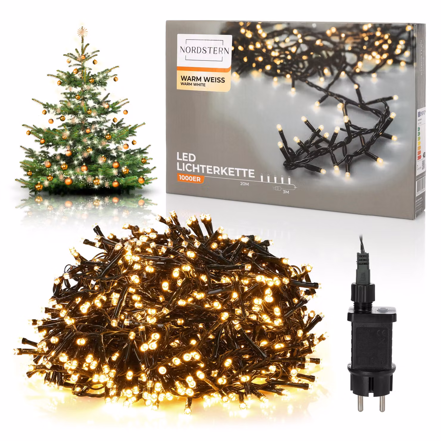 Nordstern LED cluster fairy lights bianco caldo 1000 LED - decorazione albero di Natale per interni ed esterni con spina 20 m - Illuminazione a grappolo
