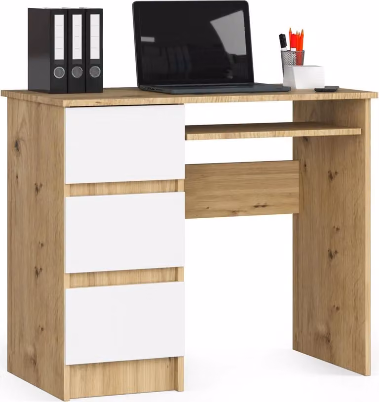 Scrivania ZORLAN - rovere artisan / bianco, versione a sinistra