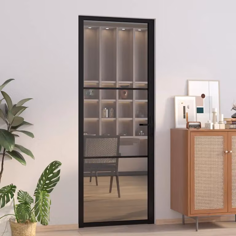 Porta Interna Moderna vidaXL in Vetro Trasparente e Alluminio, Nero Opaco, L: 76 cm, H: 201,5 cm
