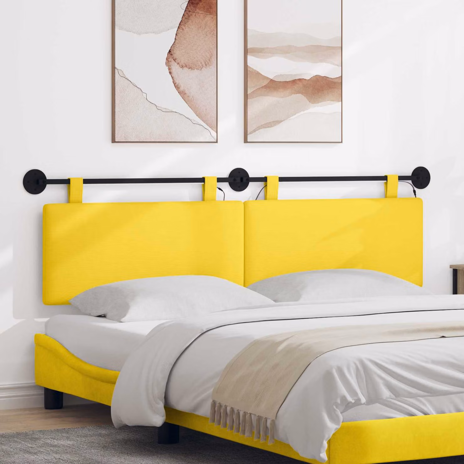 Testiera sospesa vidaXL in tessuto cord giallo chiaro con illuminazione integrata L: 190 cm, H: 55 cm, P: 8,6 cm