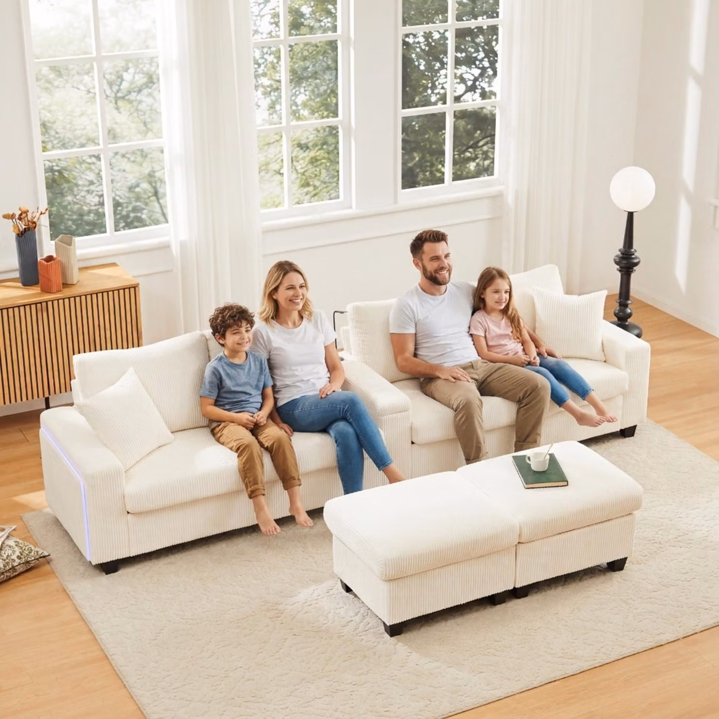 Merax Divano angolare a 4 posti Divano a forma di U in velluto a coste con 2 pouf, lampada da lettura, ripiano ribaltabile, portabevande e USB/Type-C, illuminazione a LED, Soffa, beige