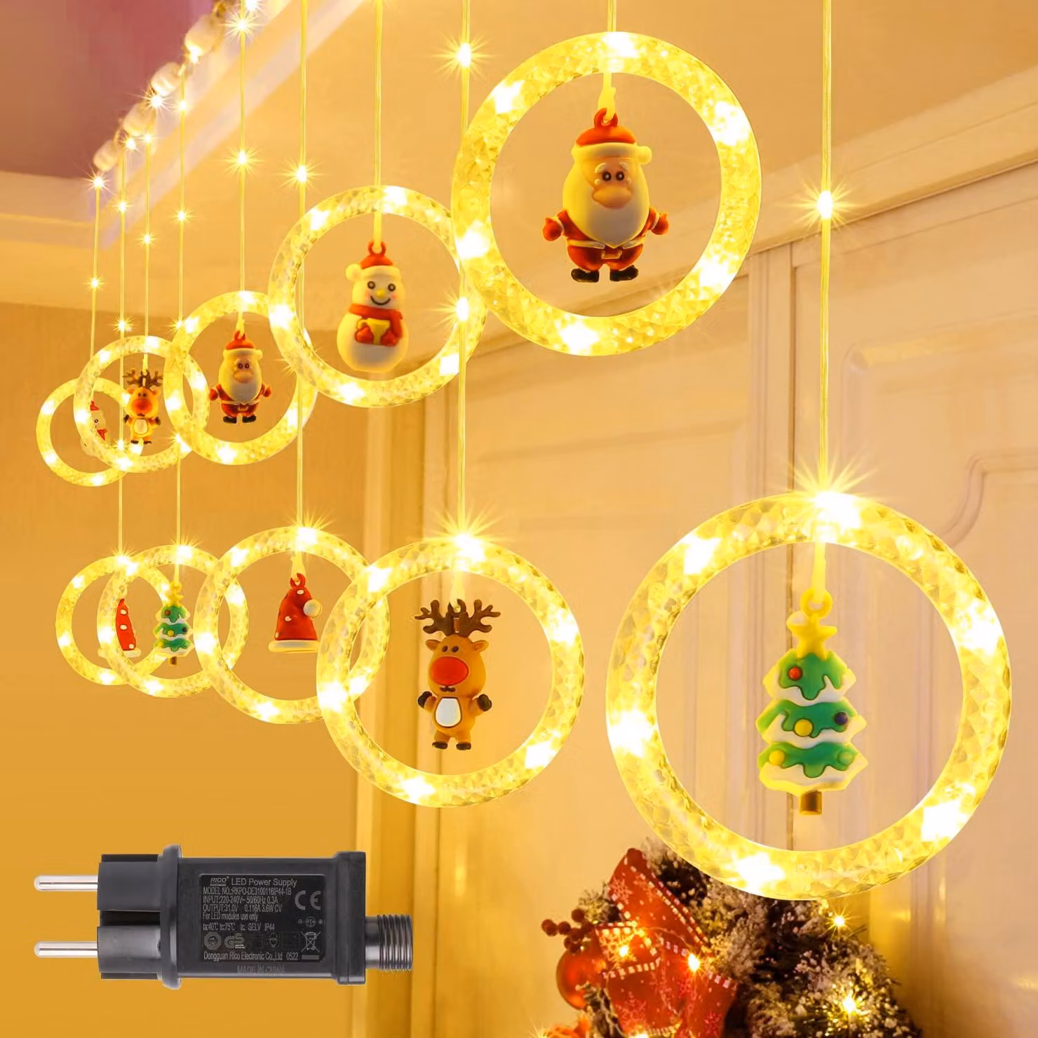 Tenda luminosa a LED, 3 metri, 100 LED, luce bianco caldo, grado di protezione IP65, timer, 8 modalità
