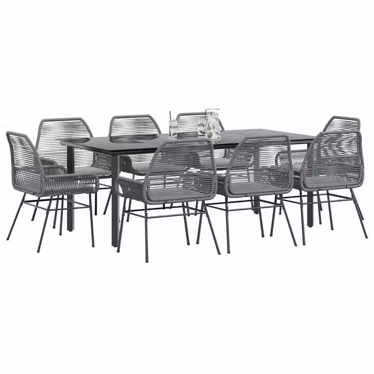 Set da pranzo da giardino vidaXL in polyrattan con tavolo in vetro e 9 pezzi, grigio e nero