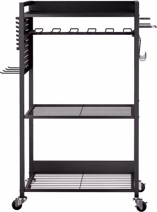 Carrello elettrico a 4 ripiani, con capacità di carico di 68 kg, dotato di supporti per utensili scorrevoli e di fissaggio stabile. Ideale per officine e garage, colore nero, dimensioni 560x350x970 mm