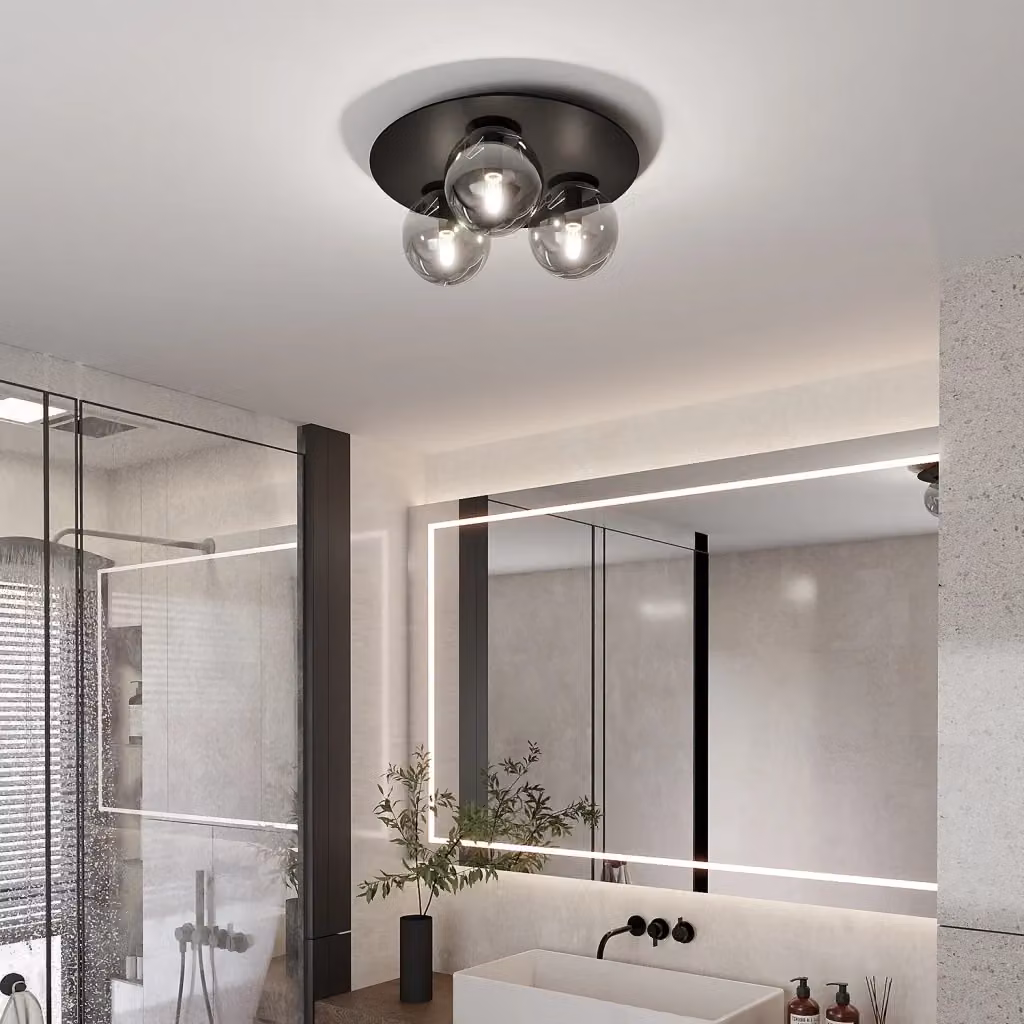 Plafoniera Minimal Orpheus Luceart-Classic con 3 Luci in Acciaio Nero e Sfere in Vetro Grigio Trasparente – 2