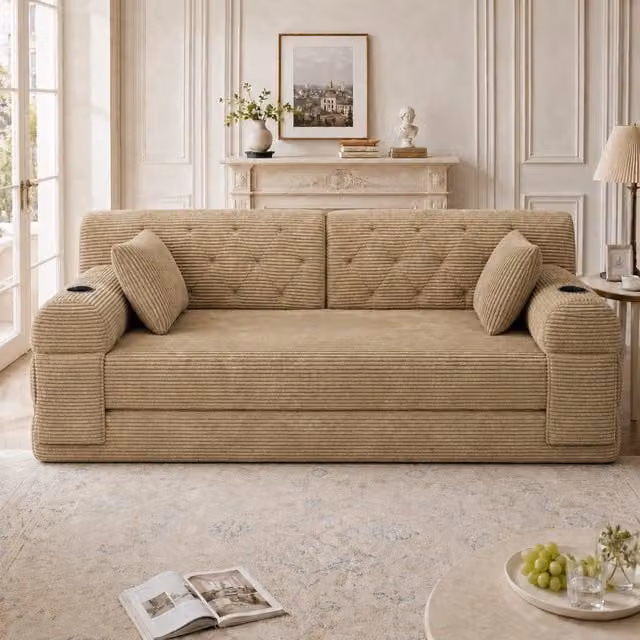Divano letto 2 posti WISHDOR in velluto a coste beige con struttura in metallo e portabicchieri
