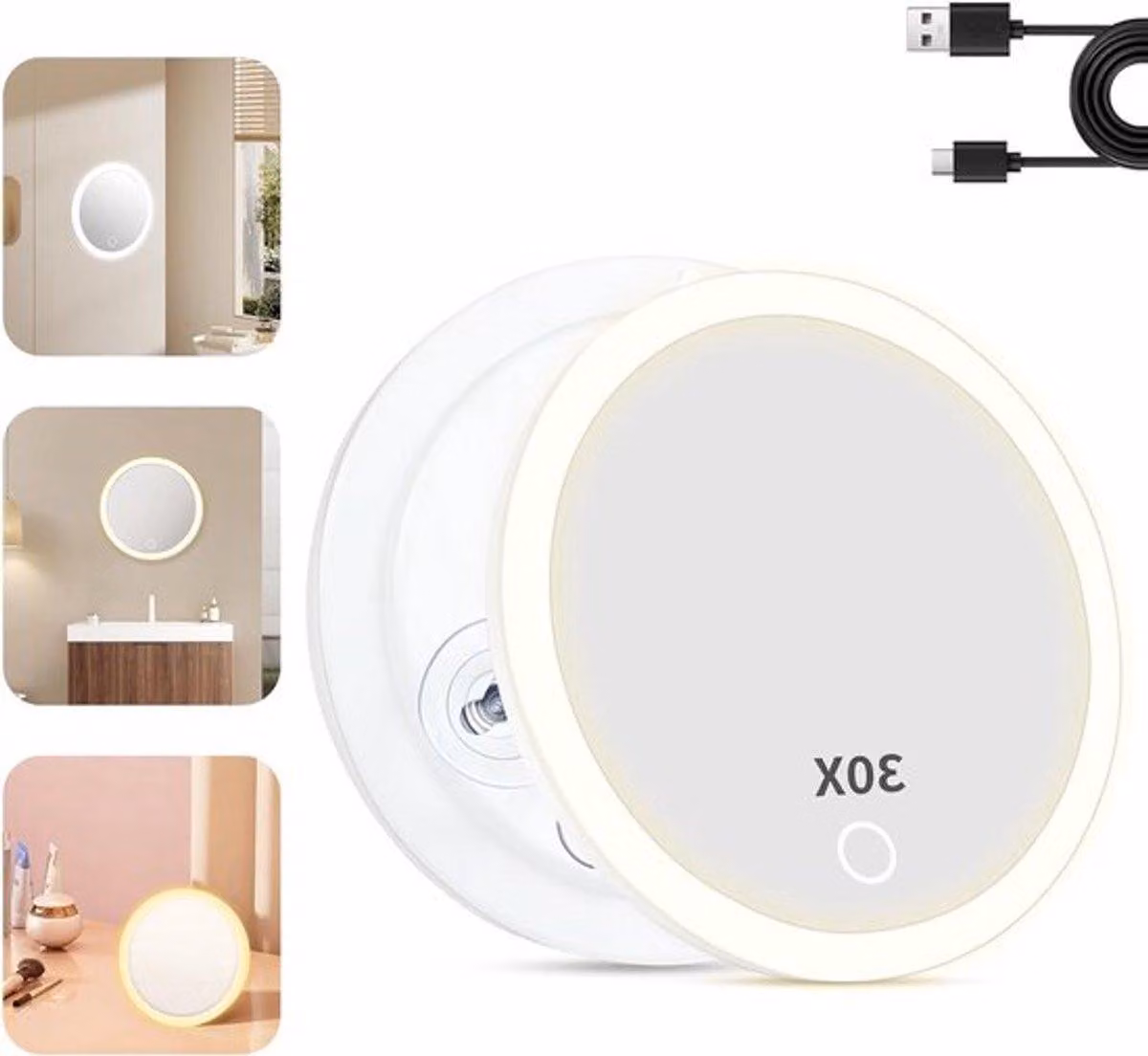 Specchio cosmetico ingrandente con ingrandimento 30x, luce regolabile e 3 ventose, ideale per l'uso domestico e in viaggio