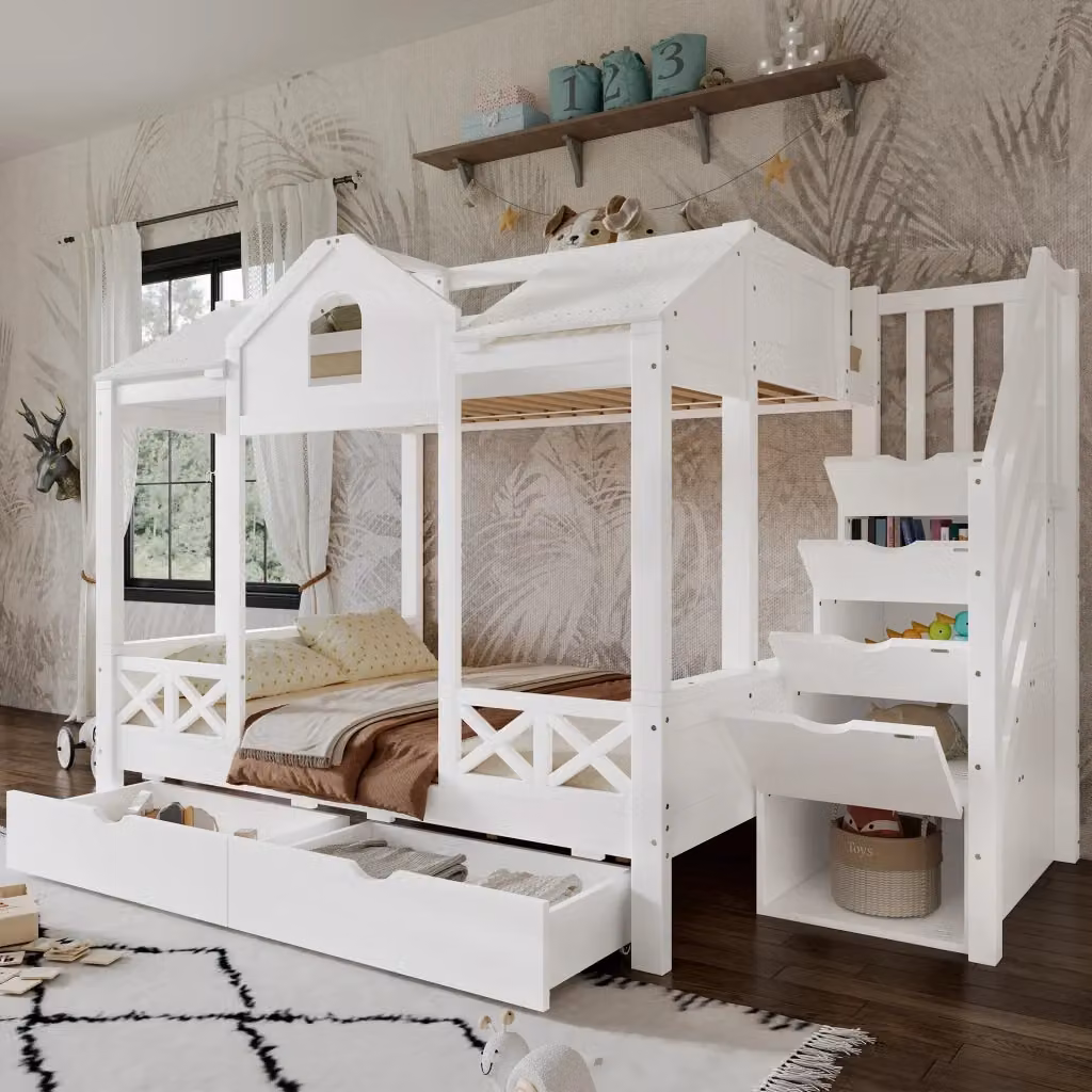 Letto a castello per bambini REDOM in legno e MDF bianco con cassetti e scala, L/P/H: 90 x 200 x 126 cm – 2