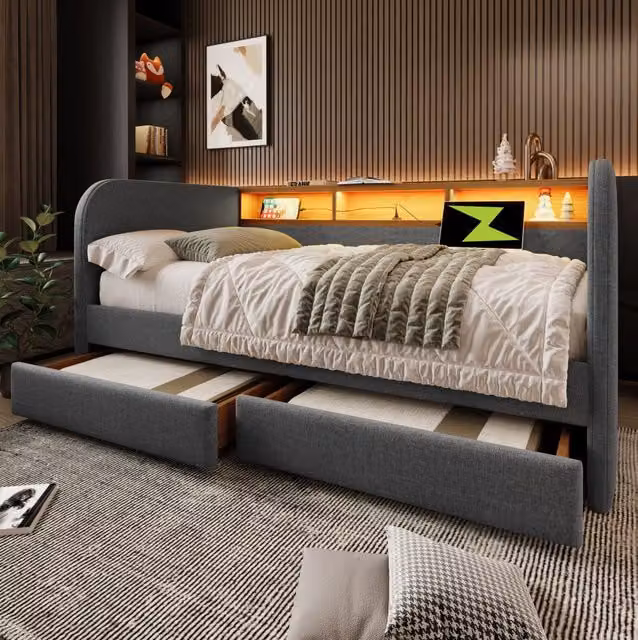 Letto imbottito 140x190 cm con LED, ricarica USB-C, 2 cassetti e testiera contenitore in lino grigio (senza materasso)