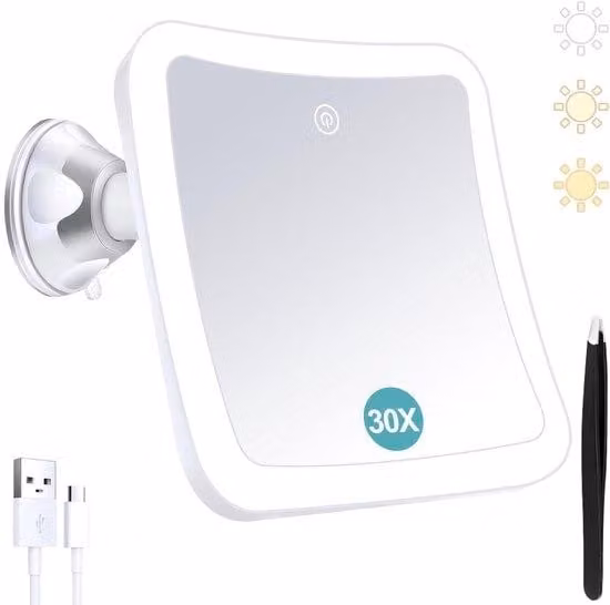 Specchio elettrico a 360 gradi con illuminazione - Ingrandimento 30x - Ricaricabile - Rotazione a 360 gradi - Bianco - Ideale per viaggi e trucco.