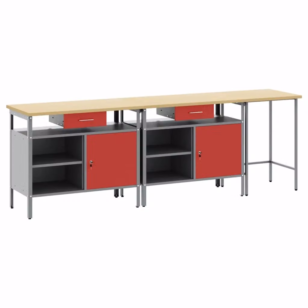 Set banco da lavoro vidaXL in acciaio 3 pezzi con pannello forato e altezza regolabile, Nero, Grigio e Rosso – 2