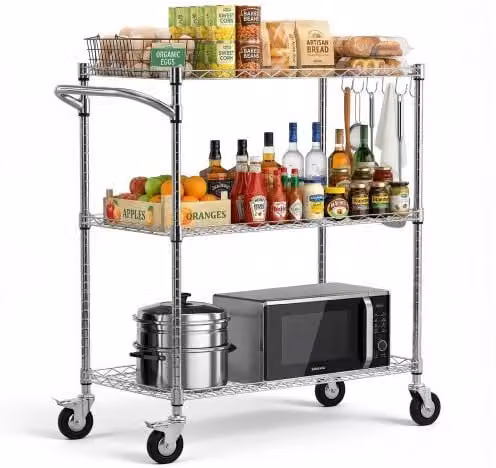 VEVOR Carrello da Servizio in Metallo Argentato con 3 Ripiani in Filo Metallico, Carrellino con Altezza Regolabile e Ruote, Capacità di Carico 300 kg per Cucina e Garage