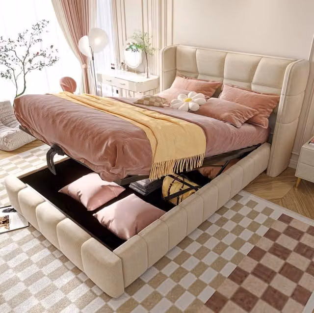 Letto imbottito per bambini con vano contenitore 90 x 200 cm in tessuto beige