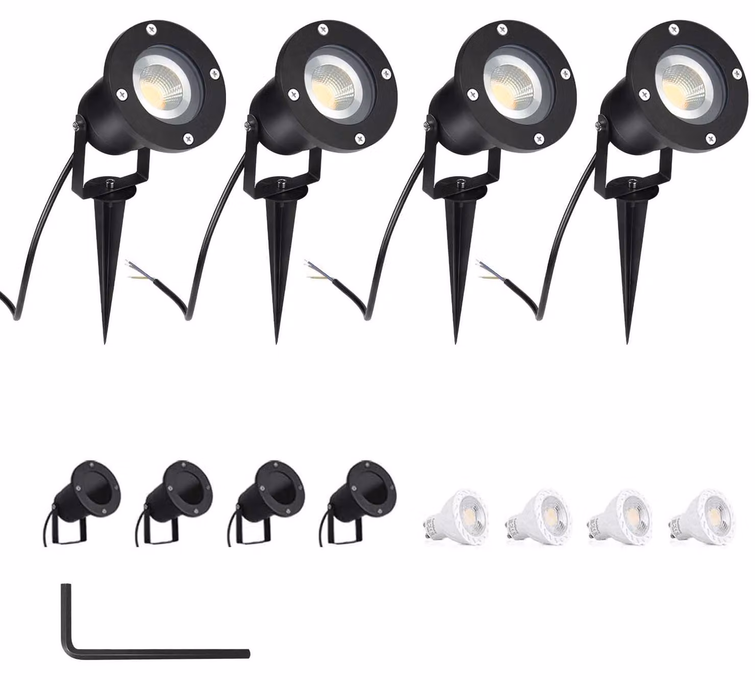Set di 4 faretti LED GU10 da esterno, 5W, luce bianco caldo, con picchetto da terra