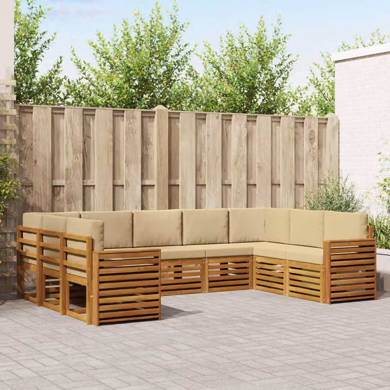 Set di divani da esterno a L vidaXL in legno di acacia con cuscini, 9 pezzi, Marrone e Beige