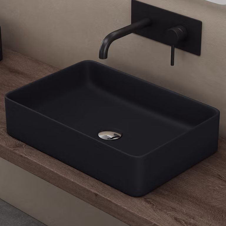 doporro Lavabo Bagno Rettangolare Lavabo da Appoggio in Vetroceramica Lavandino con Bordo Sottile 58x37x13,5 cm Nero opaco Lavamani Lavello senza Foro Rubinetto per Guardaroba Bagno Brš¹ssel105D