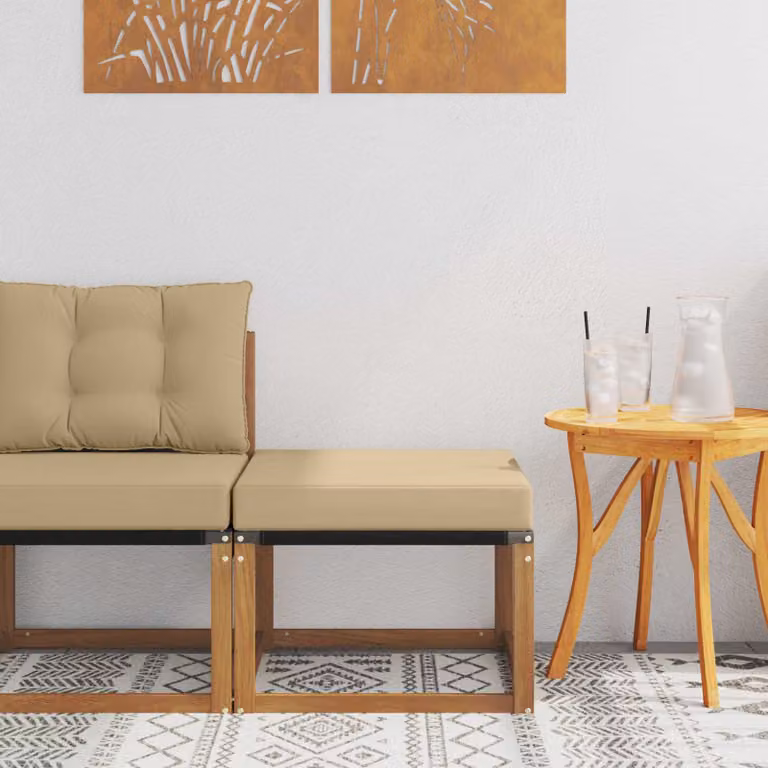 vidaXL Poggiapiedi da Esterno in Legno di Acacia con Cuscini Beige e Marrone L: 59 cm, P: 37 cm, H: 37 cm