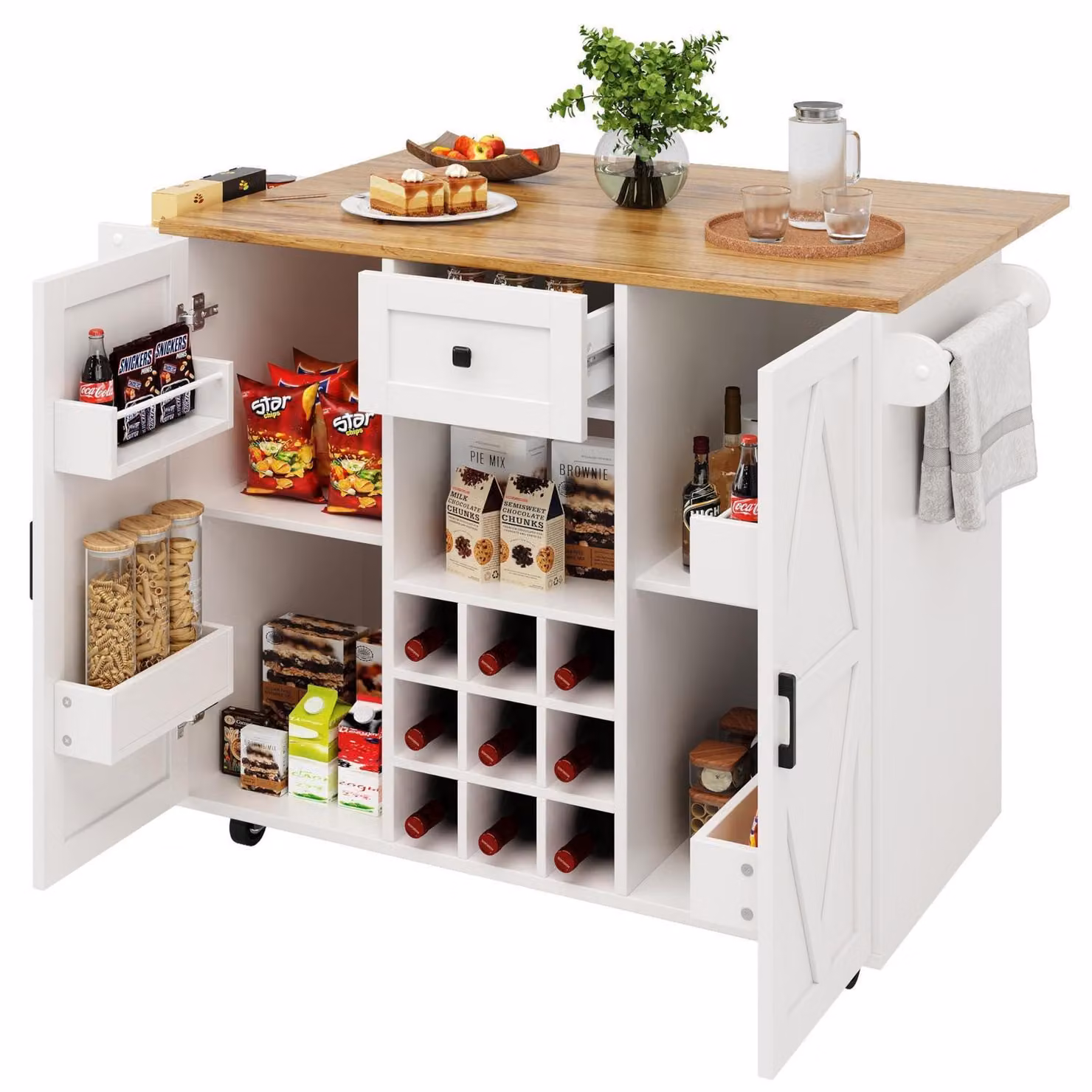 Isola da cucina con piano estendibile e spazio contenitivo, colore bianco, dimensioni 137,5 x 65 x 95,6 cm